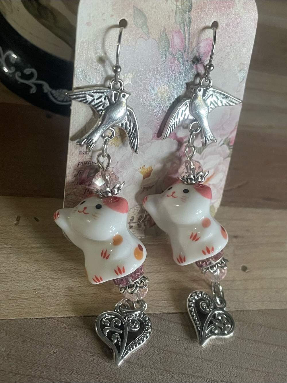 Silver Bird & White Pink Cat Dangle Earrings